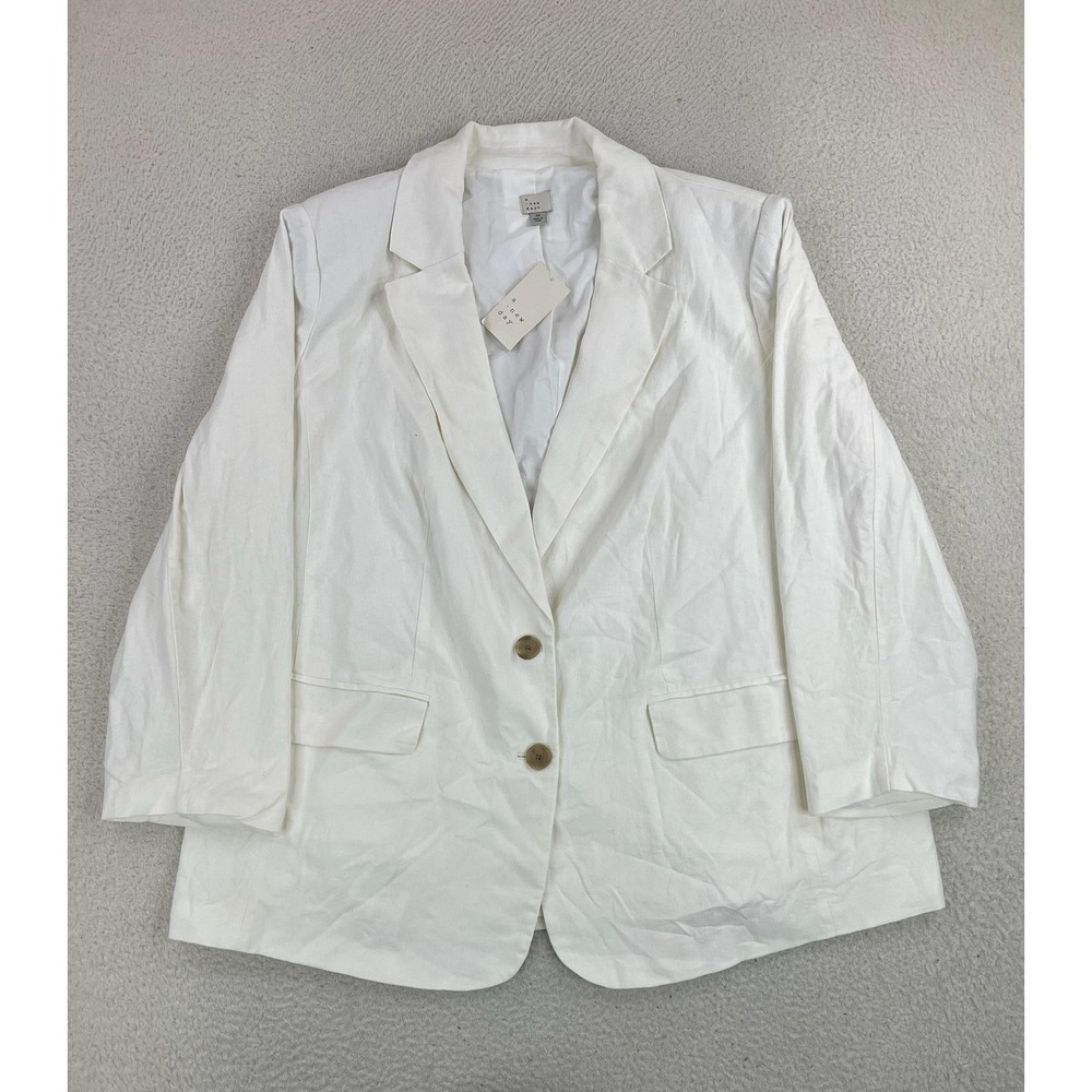 A New Day Blazer Womens Plus 3X White Linen Blend Two Button Lined Relaxed Fit